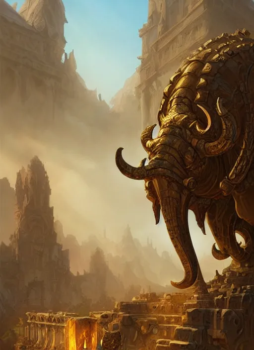 Image similar to golden mammoth in a ruined city, d & d, fantasy, intricate, elegant, highly detailed, digital painting, artstation, concept art, matte, sharp focus, illustration, hearthstone, art by artgerm and greg rutkowski and alphonse mucha