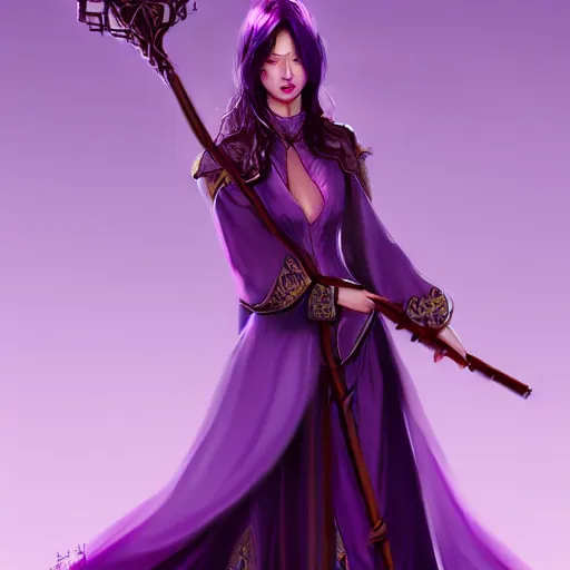 Prompt: a woman in a purple dress holding a staff, concept art by li fangying, artstation contest winner, fantasy art, dark and mysterious, artstation hd, concept art