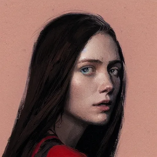 Image similar to Portrait of a woman by Greg Rutkowski, she is about 20 years old, redhead, long straight hair, beautiful oval face, wearing red and black utilitarian jumpsuit, older sister vibes, highly detailed portrait, digital painting, artstation, concept art, smooth, sharp foccus ilustration, Artstation HQ.