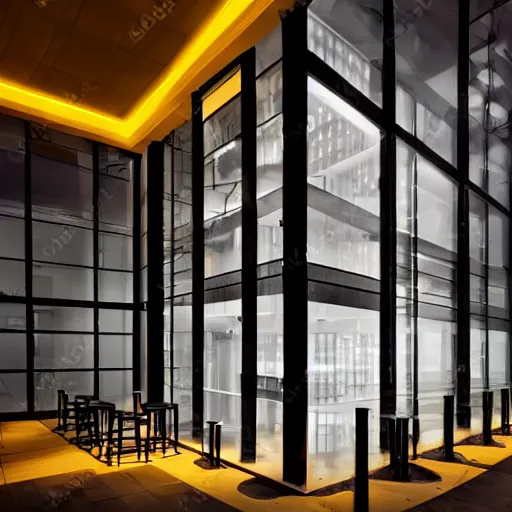 Image similar to modern high end designer restaurant at night in the foggy rain, symmetrical art deco office building with organic lighting, moody, epic composition, professional photograph, highly detailed, warm lighting, large windows, dramatic lighting,