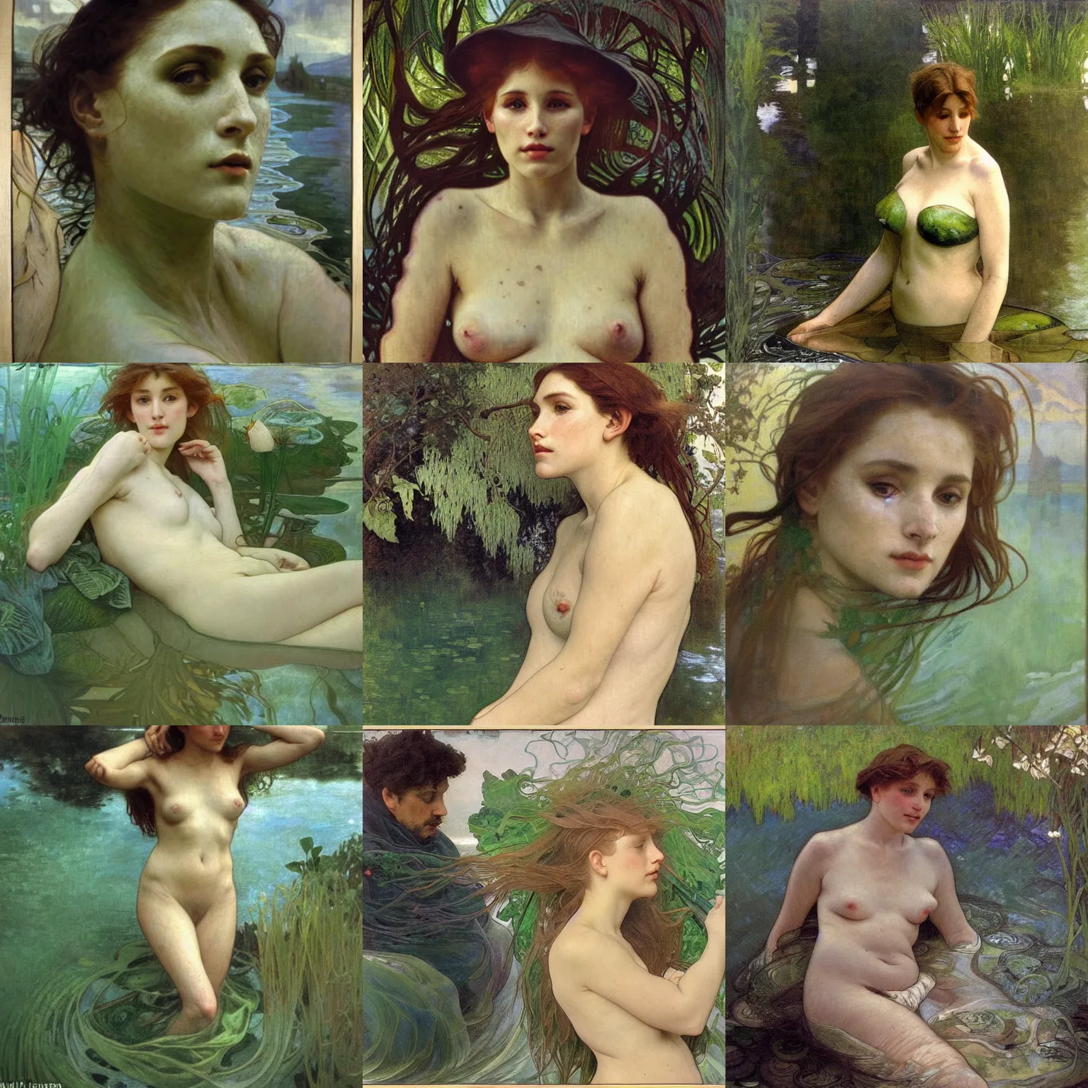 Prompt: hyperrealist portrait in a river, half body, green water flow algae by alphonse mucha and lucian freud and bouguereau, fog, very detailed faces