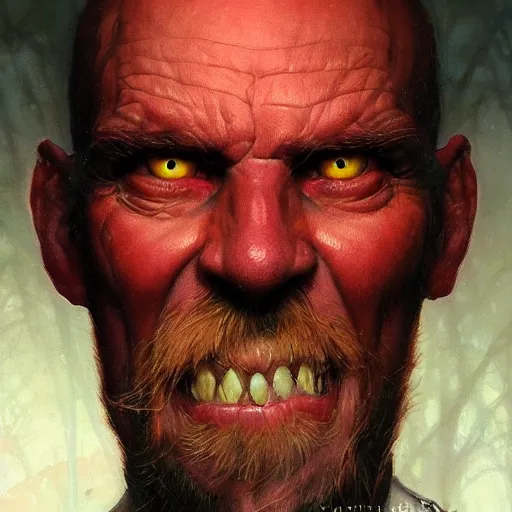 Image similar to portrait of a red bald man with black eyes and a black teeth, horror, glowing eyes, by Stanley Artgerm Lau , greg rutkowski, thomas kindkade, alphonse mucha, loish, norman rockwell. Trending on artstation detailed illustration hd 4k