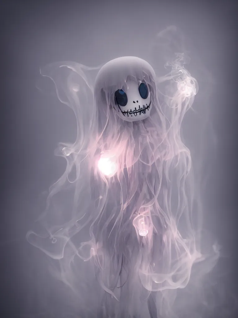 Image similar to cute fumo plush smiling ectoplasmic gothic skeletal jellyfish ghost girl, glowing milky wisps of hazy smoke and volumetric fog, lens flare, subsurface scattering, vignette, asymmetry, bokeh, refraction, vray