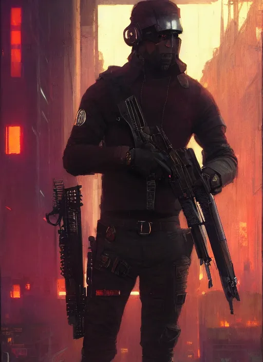 Prompt: John Brown. Cyberpunk assassin in tactical gear. blade runner 2049 concept painting. Epic painting by Craig Mullins and Alphonso Mucha. ArtstationHQ. painting with Vivid color. (rb6s, Cyberpunk 2077, matrix)