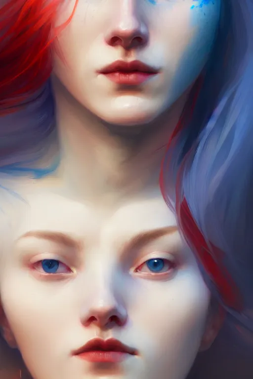 Prompt: portrait of a beautiful nordic woman, red eyes, blue haired, extremely detailed digital painting, in the style of fenghua zhong and ruan jia and jeremy lipking and peter mohrbacher, mystical colors, rim light, beautiful lighting, 8 k, stunning scene, raytracing, octane, trending on artstation