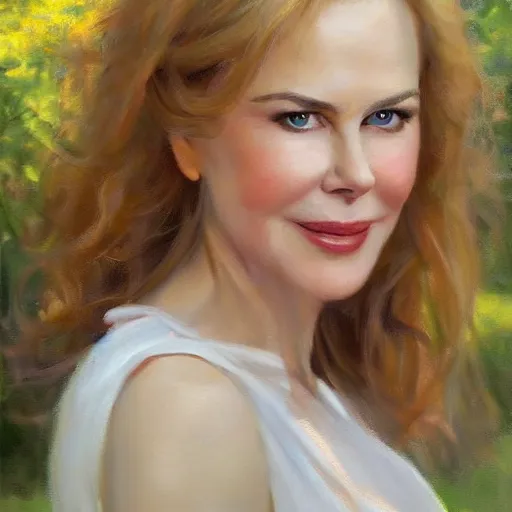 Prompt: closeup portrait of nicole kidman full figure in the garden, morning, highly detailed, ultrarealistic oil painting, vladimir volegov, artstation