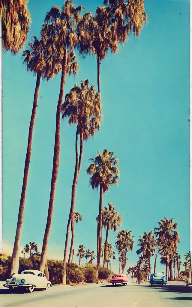 Prompt: california 1 9 5 0, road along the sea, palm trees in a row, vintage cars, retro, vintage, pastel colors, realistic photo, polaroid