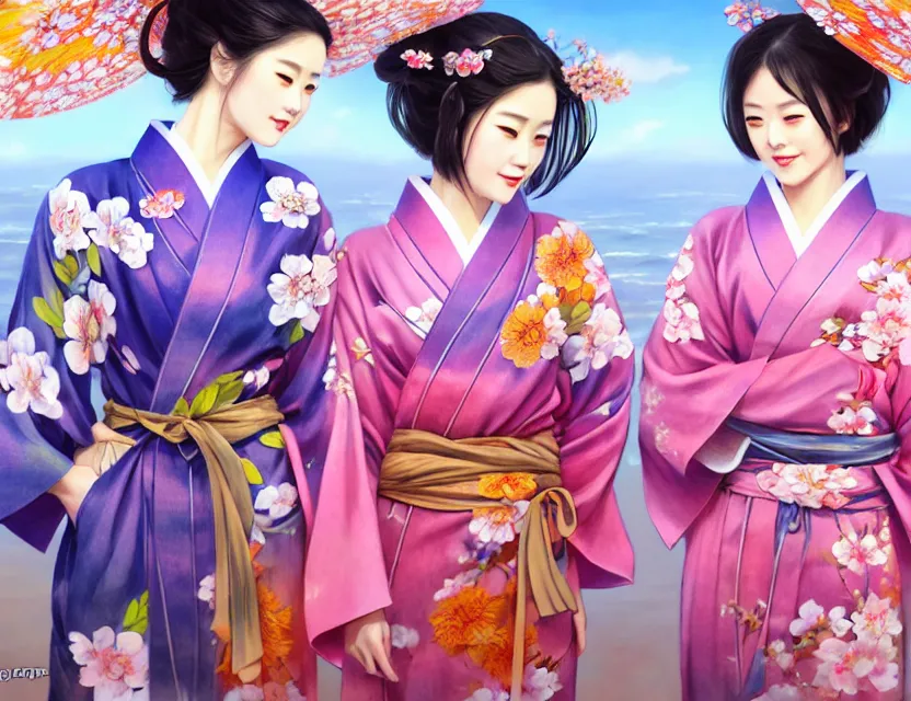 Image similar to two beautiful fashion taiwan girls wear fantasy yukata in festival | | big eyes, sunny, dreamlike art, realistic shaded, smile, good looking, fine details, 4 k realistic, cryengine, realistic shaded lighting poster by greg rutkowski, magali villeneuve, artgerm, jeremy lipkin and michael garmash and rob rey