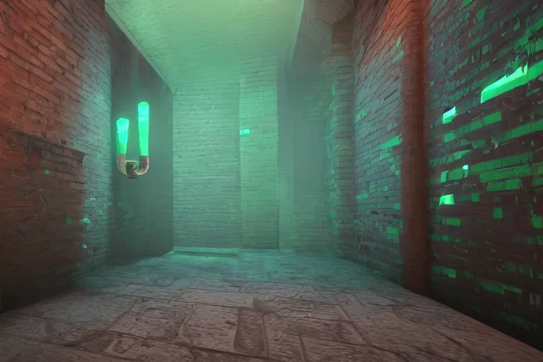 Prompt: stylized sewers environment, concave brick walls run along the center channel, pipes on the walls, a slight green glow emanates from the water, lively, Unreal Engine render, Artstation 4K