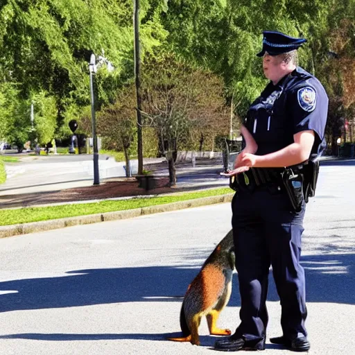 Image similar to a dog-cop ticketing a squirrel with a fine for speeding