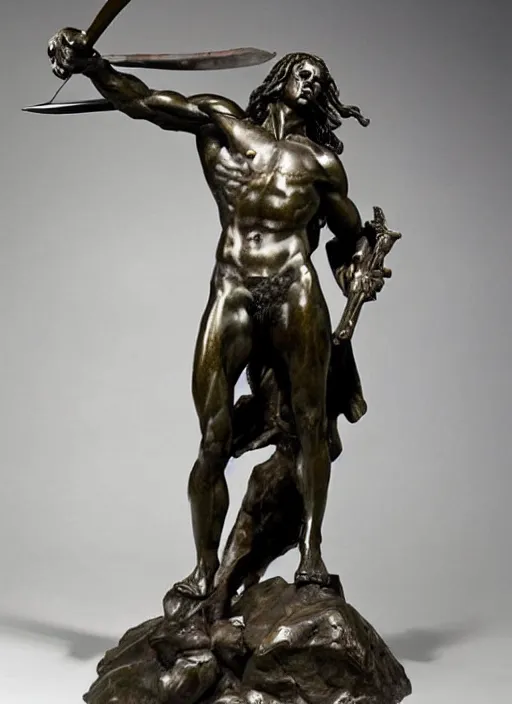 Prompt: a full figure bronze sculpture of conan the barbarian holding a sword by Rodin and Bernini