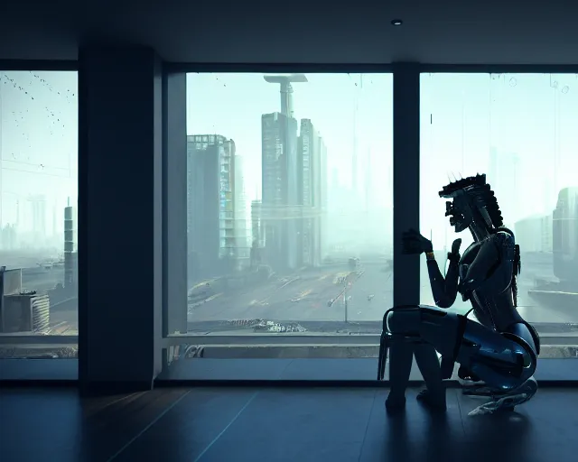 Image similar to a terminator cyborg lady with borg implants and optical fibers is drinking coffee near a window with dystopian city visible outside. very detailed 8 k. cyberpunk style. unreal engine render. global illumination. nanite. rtx. path tracing.