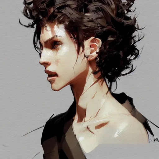 Image similar to a beautiful girl with short curly brown hair in a ponytail, a pointy chin, a sly smile, dramatic lighting, illustration by Greg rutkowski, yoji shinkawa, 4k, digital art, concept art, trending on artstation