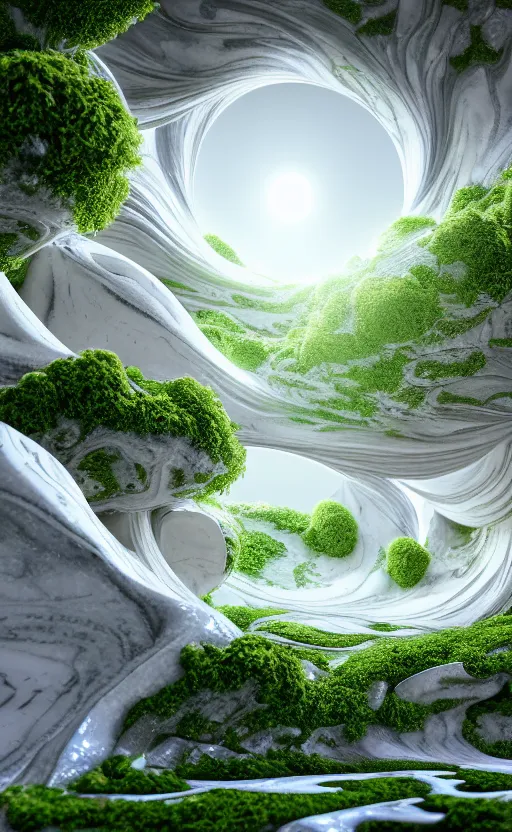 Image similar to highly detailed ultra sharp 3 d render cinematic composition of a smooth ceramic porcelain magnolia stone white fluid fractal sci - fi surreal architecture landscape, marble, magnesium, vining foliage blooms, archviz, vincent callebaut composition, mamou - mani, beautiful lighting, 8 k, unreal engine, hdr, dof