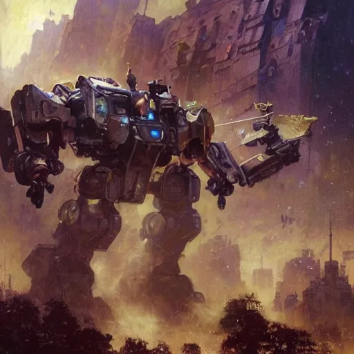 Image similar to six meters tall mech fighting in an urban environment, epic action scene, by gaston bussiere craig mullins jc leyendecker gustav klimt artgerm greg rutkowski john berkey, bergey, craig mullins, ruan jia, raymond swanland, jeremy mann, tom lovell, alex malveda