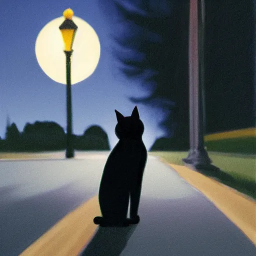 Prompt: a black cat in the middle of a road with streetlight at mid night with the moon in the back. Made by Jason Degraaf, Edward Hopper, Don Eddy. Hyper realistic, unreal 5, artstation, high detail.