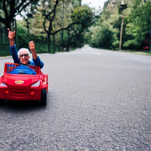 Image similar to larry david driving a toy car, canon eos r 3, f / 1. 4, iso 2 0 0, 1 / 1 6 0 s, 8 k, raw, unedited, symmetrical balance, wide angle