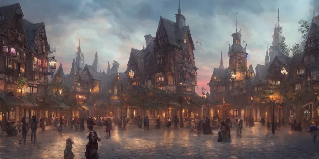 Prompt: beautiful matte painting of a fantasy town square, trending on artstation