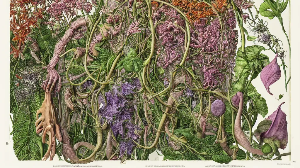 Image similar to highly detailed illustration human anatomy with all the known species of plants and flowers by juan gatti, by moebius!, by oliver vernon