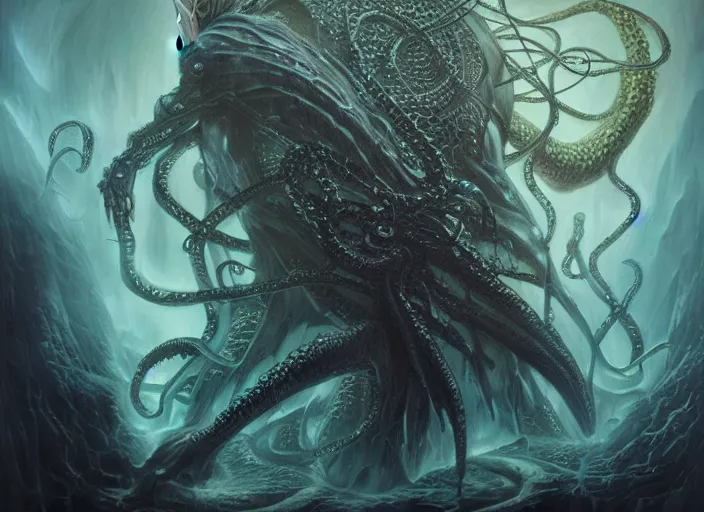 Prompt: lovecraft biopunk portrait of sephiroth from final fantasy vii, fractal background, anthropomorphic cthulhu behind him, by tomasz alen kopera and peter mohrbacher