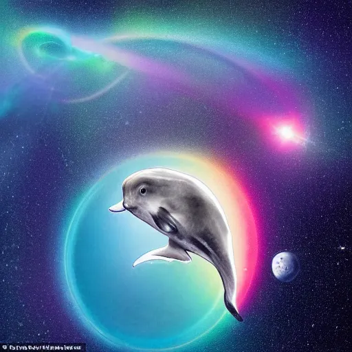 Prompt: a space photograph of a hamster riding a dolphin on a cosmic rainbow