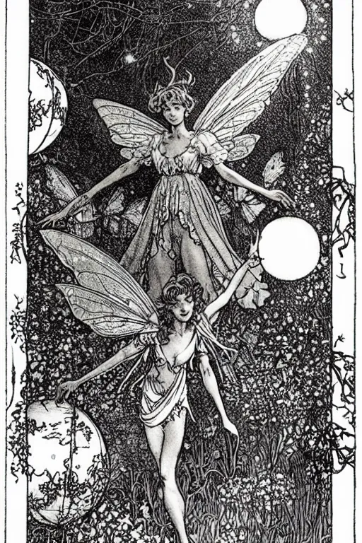 Image similar to one winged fairy in front of a globe of light in an enchanted garden, soft light, pastels, art by barry windsor - smith and charles vess and arthur rackham