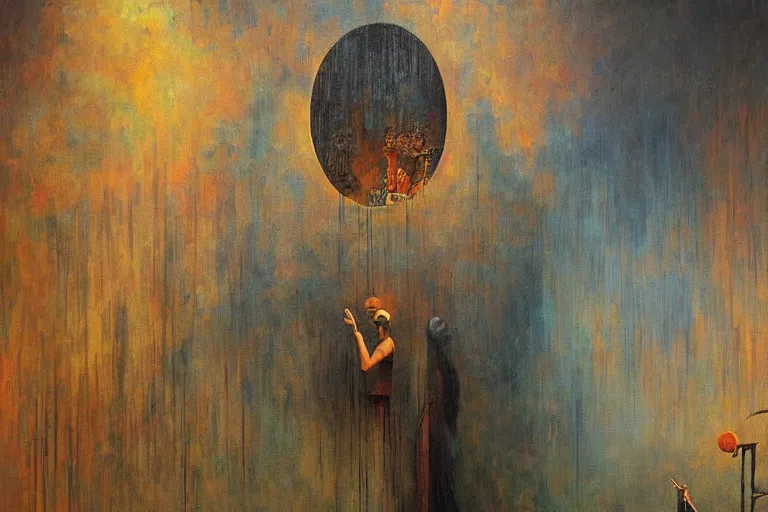 Prompt: painting on the wall in the huge surreal art gallery, art deco, by rutkovski and beksinski