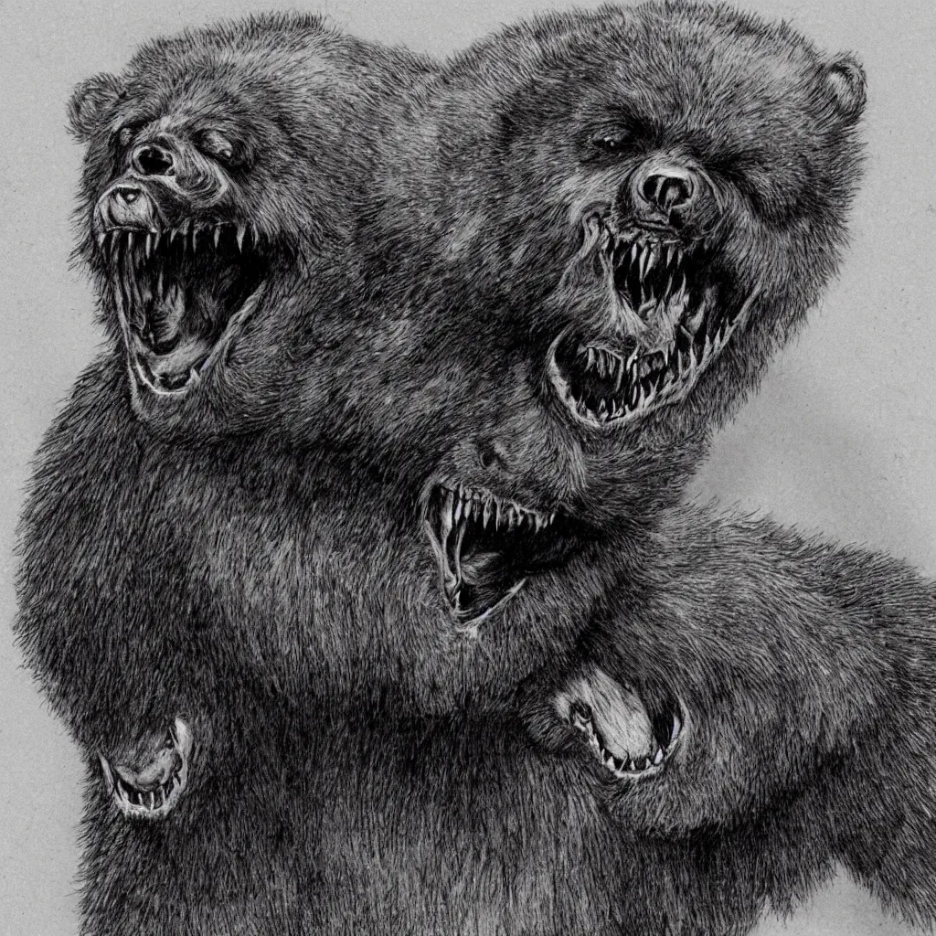 Image similar to horrifying bear creature, fangs, in the style of keith thompson