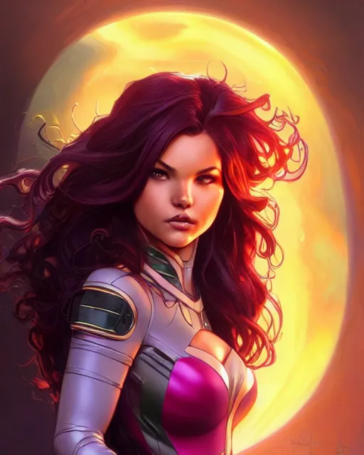 Image similar to ultra realistic illustration, danielle campbell as starfire anime, intricate, elegant, highly detailed, digital painting, artstation, concept art, smooth, sharp focus, illustration, art by artgerm and greg rutkowski and alphonse mucha and wlop