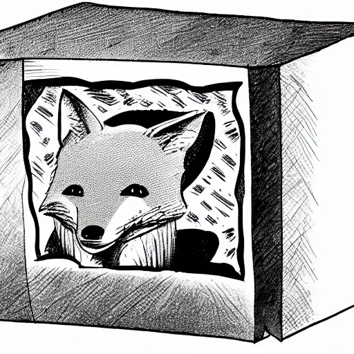 Image similar to fox peeking out from a box, cartoon drawing