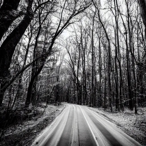 Prompt: indycar driving in the woods, black and white photo