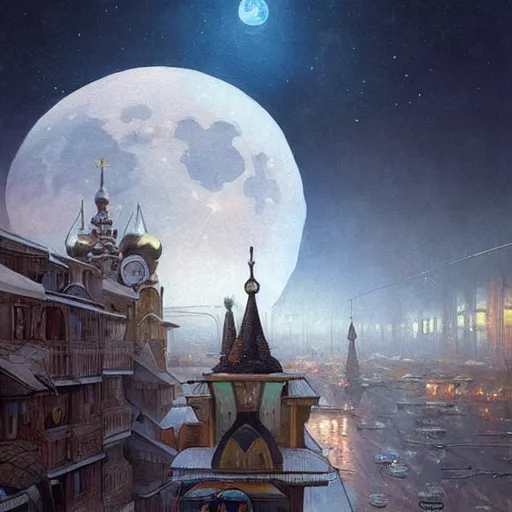 Image similar to It’s crowded streets of Russian Khrushyovkas sleeping quarters on the Moon city, Norilsk, sci-fi, fantasy, intricate, very very beautiful, elegant, highly detailed composition, digital painting, artstation, concept art, smooth, sharp focus, illustration, art by artgerm and greg rutkowski and alphonse mucha