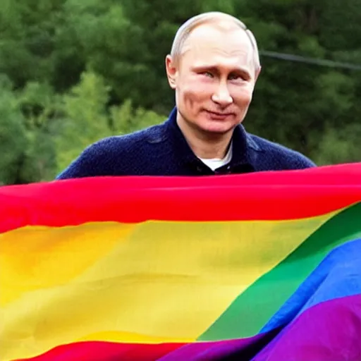 Prompt: a photo of vladimir putin holding a gay pride flag