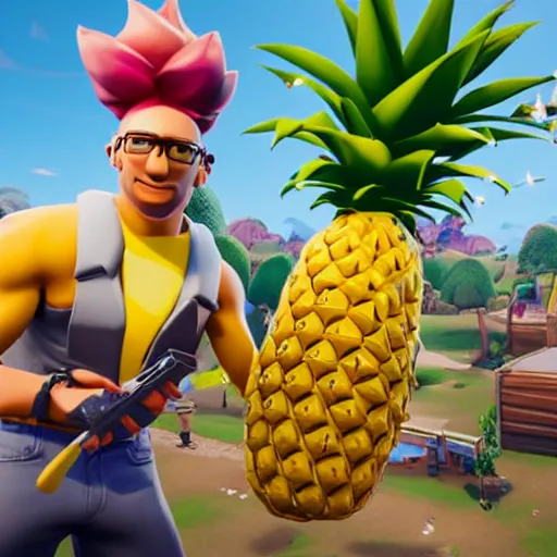 Image similar to anthropomorphic pineapple playing the video game fortnite, the pineapple is filled with beans