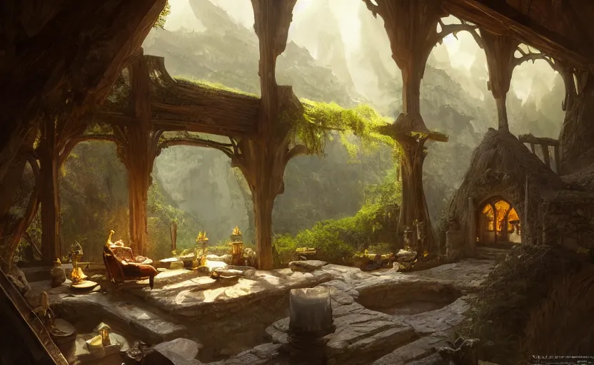 Prompt: painting of a series of opposing living quarters overlooking a greatroom carved inside a mountain, lush garden with hot spring between, cozy bed, well maintained, clean, medieval, fantasy genre, natural light, fantasy, natural light, concept art, by greg rutkowski and craig mullins, cozy atmospheric and cinematic lighting, trending on artstation