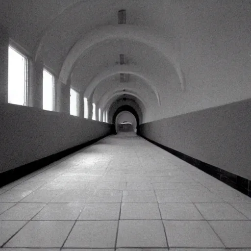 Image similar to Beautiful Fuzzy wide-eye-lens 15mm, harsh flash, cameraphone 2002, Photograph of an tiled infinite foggy foggy foggy liminal pool pool hallway hallway hallway with archways and water on the floor