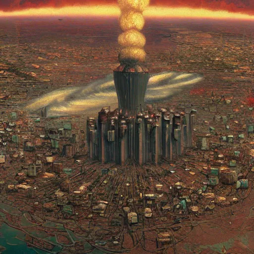 Image similar to aerial view of a nuclear explosion in the middle of a post apocalyptic city surrounded by vegetation, katsuhiro otomo, hyper detailed, 4 k