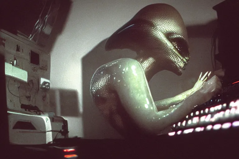 Image similar to alien using a computer submerged in translucent goo, in 1 9 8 5, y 2 k cybercore, industrial low - light photography, in the style of tyler mitchell