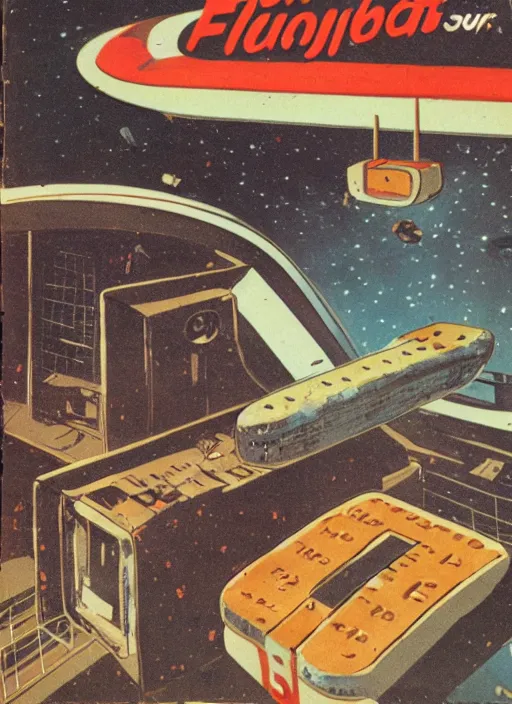 Image similar to Flying loaf of bread and flying toaster, interior of deserted derelict space station, 60s sci-fi book cover