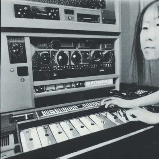 Image similar to 1 9 7 0 s polaroid of a female japanese musician playing a vintage modular synthesizer, hazy, faded