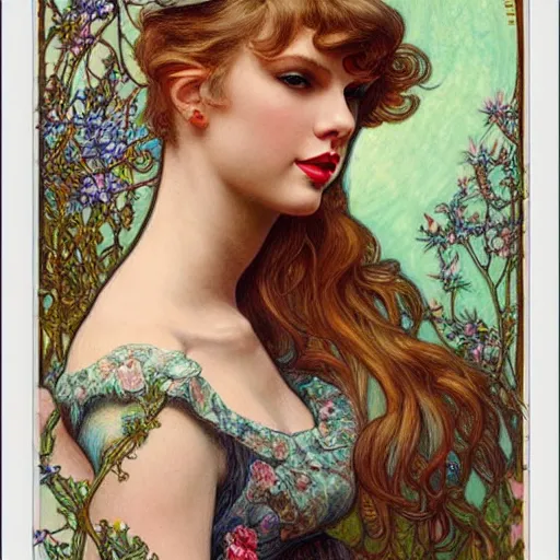 Image similar to romantic painted portrait of taylor swift by james jean, mucha, andrew loomis, masterpiece