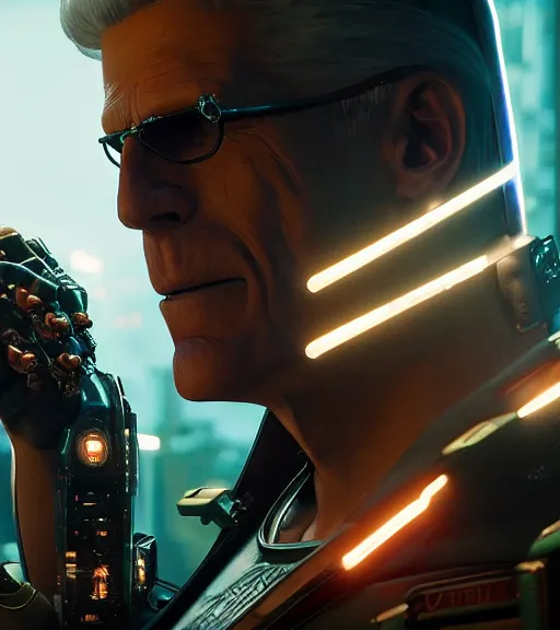 Image similar to cyberpunk 2 0 7 7, charismatic rugged male battle ted danson - mage portrait, clothed in hooded, metal - plated battle armor atmospheric lighting painted intricate volumetric lighting, beautiful, sharp focus, ultra detailed by leesha hannigan, ross tran, thierry doizon, kai carpenter, ignacio fernandez rios