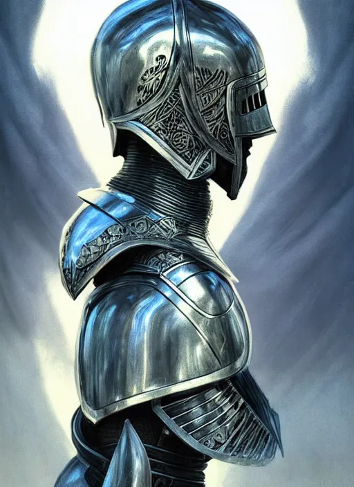 Image similar to handsome male knight in armor, profile!! murky lighting, wind blowing, portrait, fairytale, physical mental perfection, symmetrical! intricate, romanticism, highly detailed, biblical divine holy perfection!! digital painting, artstation, concept art, smooth, sharp focus, by artgerm and greg rutkowski and alphonse mucha