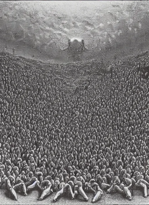 Prompt: a large amount of cultist followers gathered in front of a cult leader's stage, view from stage, in the style of beksinski