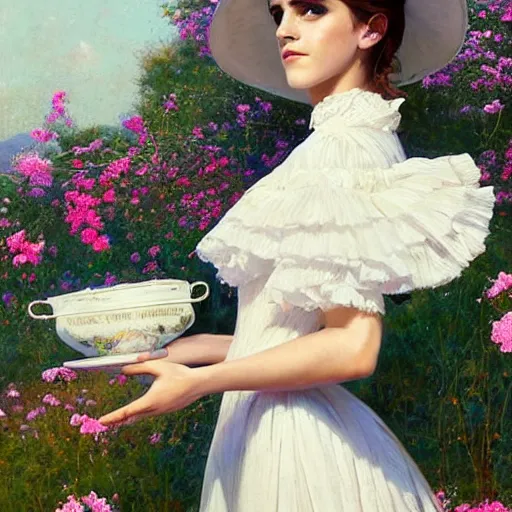 Image similar to full body fashion model emma watson by Jeremy Lipking by Hasui Kawase by Richard Schmid smokey eyes makeup eye shadow fantasy, glow, shimmer as victorian woman in a long white frilly lace dress and a large white hat having tea in a sunroom filled with flowers, roses and lush fern flowers ,intricate, night, highly detailed, dramatic lighting , high quality