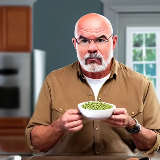 Image similar to Dave Ramsey eating a bowl of cooked lentils, unhappy, dirty house, wearing dirty clothes, realistic, 4K, highly detailed,