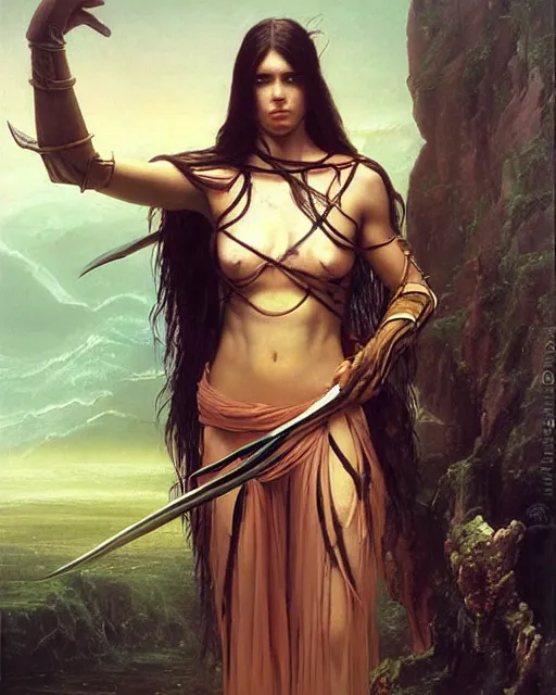 Prompt: beautiful female warrior, half body portrait, long flowing hair, standing in a fantasy environment, realistic oil painting by Thomas Cole and Wayne Barlowe