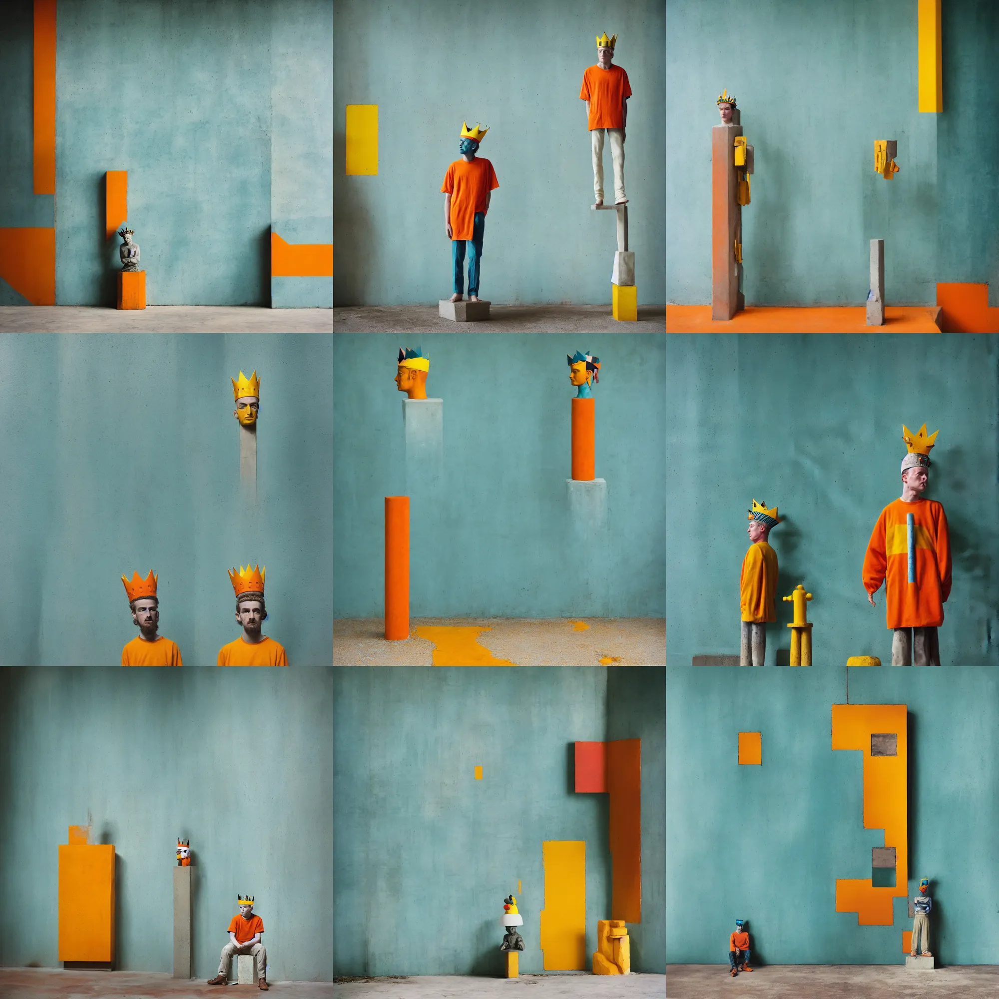 Image similar to kodak portra 4 0 0, 8 k, shot of a highly detailed, britt marling style, colour still - life portrait of a large minimalistic room, rough concrete walls, a single rough carved wooden teal and orange striped coloured statue is standing on a concrete podest with a yellow crown on his head, muted colours