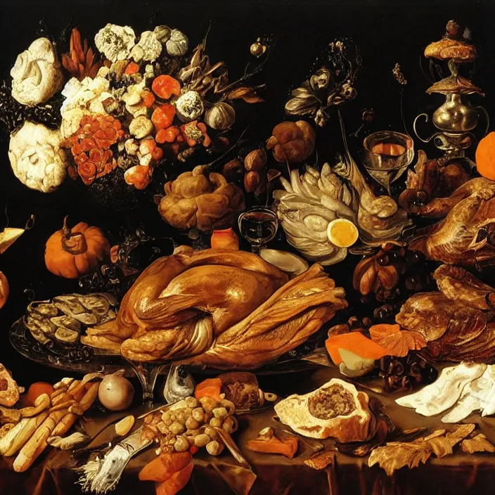 Image similar to victorian thanksgiving feast, black background, vanitas, a flemish baroque by jan davidsz. de heem, a still life by giuseppe arcimboldo, pinterest, rococo, hd, intricate high detail masterpiece