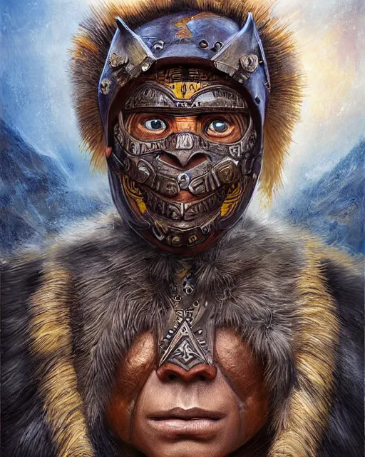 Image similar to digital painting of horrifying masked incan warrior, by filipe pagliuso and justin gerard, symmetric, fantasy, highly detailed, realistic, intricate, portrait, sharp focus, tarot card, face, handsome, peruvian